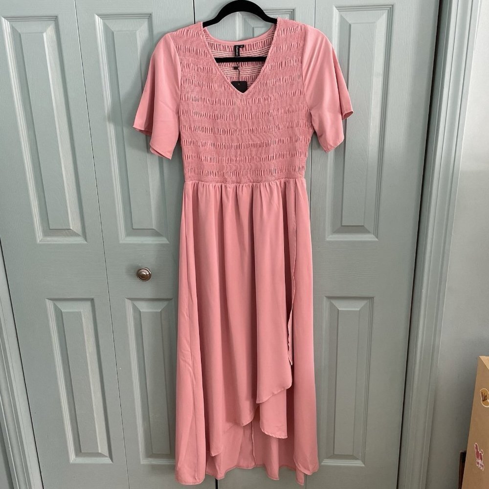 Zattcas Pink Smocked High Low Maxi Dress Medium Short Sleeve Balletcore‎ Flowy